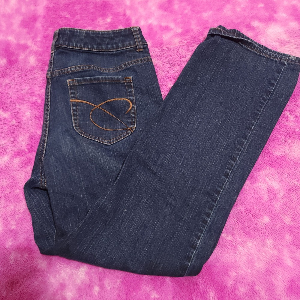 Chicos Women's Size 1 Regular Platinum Dark Wash Straight‎ Leg Jeans Blue Denim